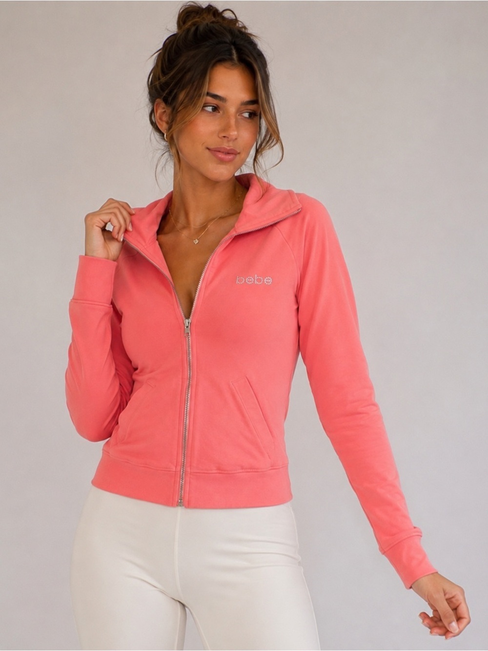 Bebe Womens Sweatshirt Vintage Y2K 90s Full Zip‎ Rhinestone Logo Pink Medium